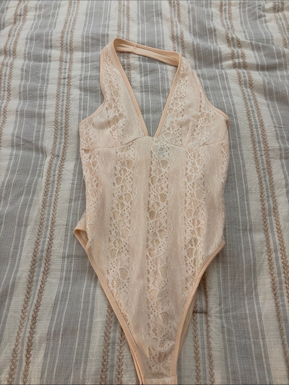 SHEIN Cream Lace Halter One-Piece Bodysuit